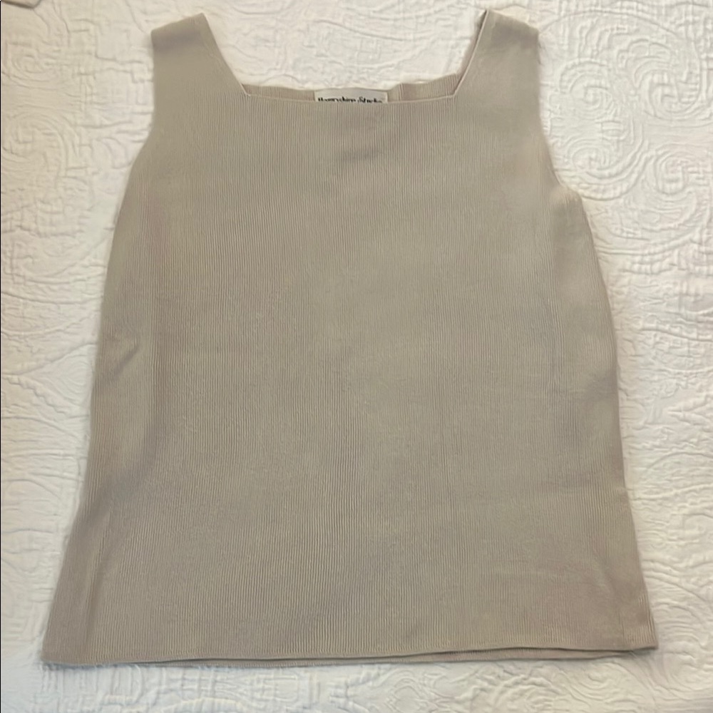 Tan Boxy Ribbed Tank Top with High Neckline